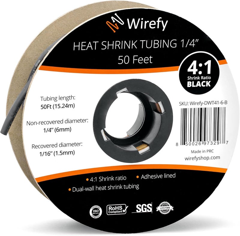 Wirefy 1/4" Heat Shrink Tubing - 4:1 Ratio - Adhesive Lined - Marine Grade Heat Shrink - 50 Feet Roll - Black - Image 1